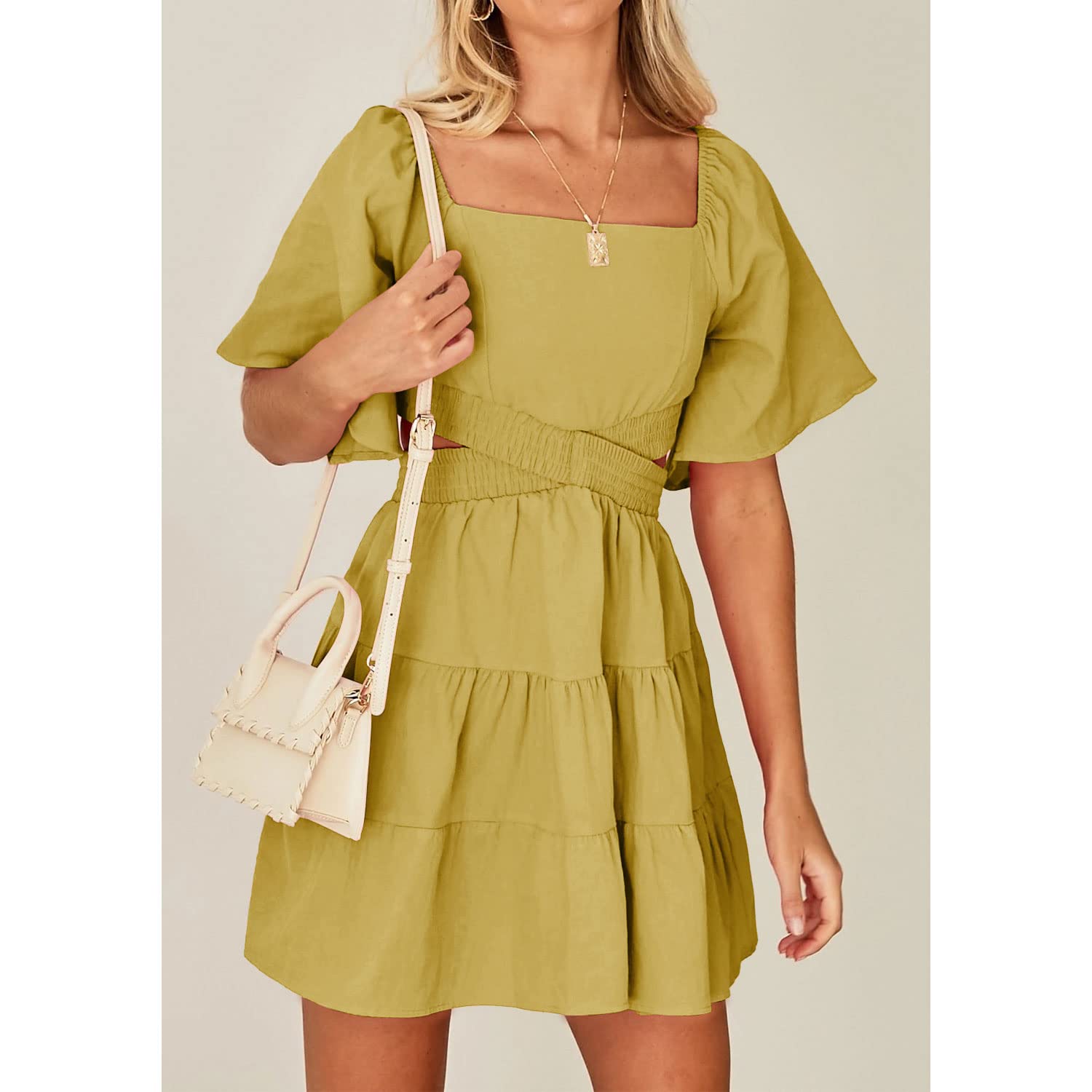 Senllen Womens Summer Dresses 2026 Short-Sleeve Square Neck Mini Dress Crossover Elastic Waist Casual Party Tiered Dress