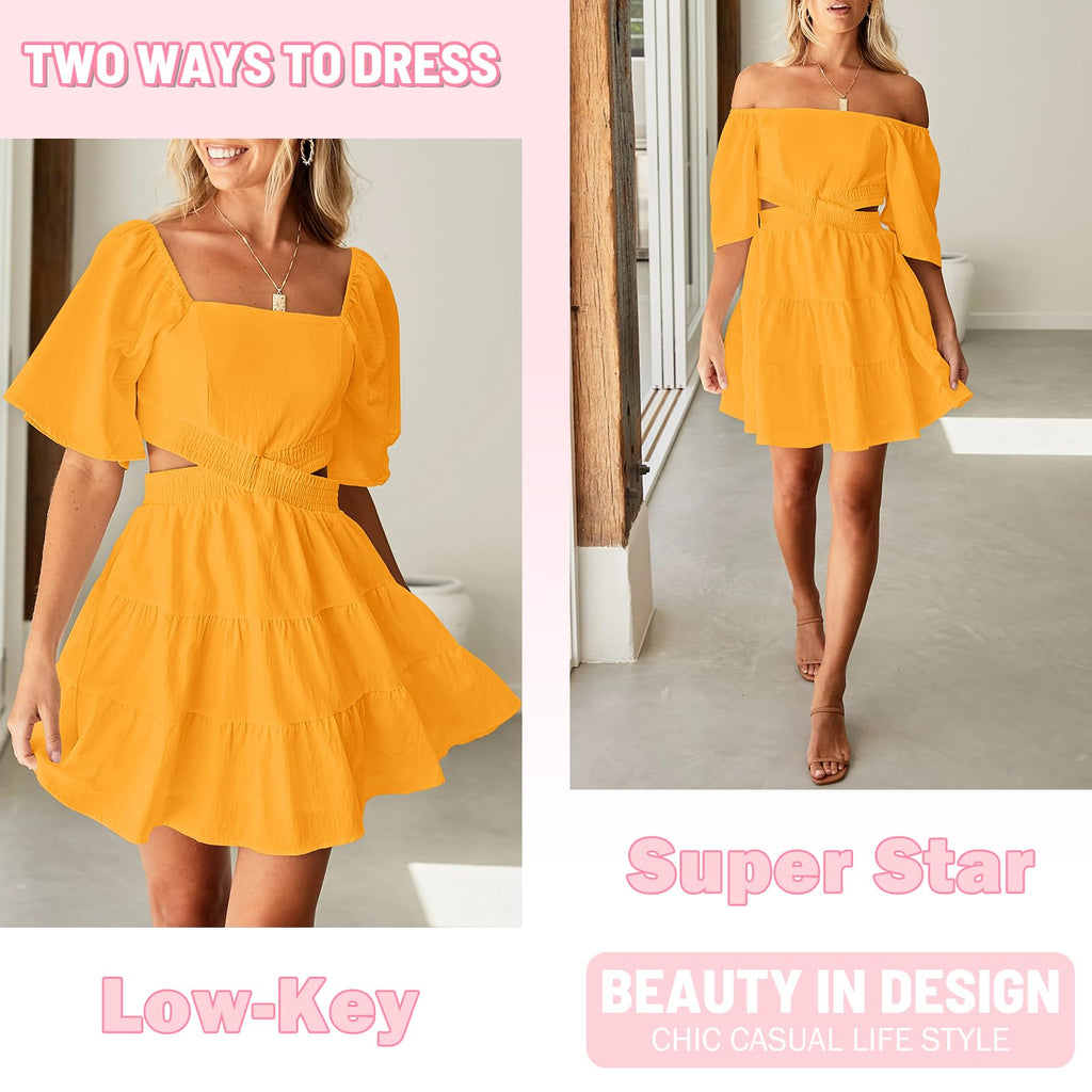 Senllen Womens Summer Dresses 2026 Short-Sleeve Square Neck Mini Dress Crossover Elastic Waist Casual Party Tiered Dress