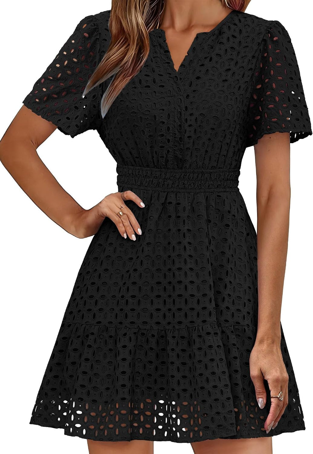 RUMIA Womens Dresses 2026 Summer V Neck Eyelet Lace A Line Short Dress