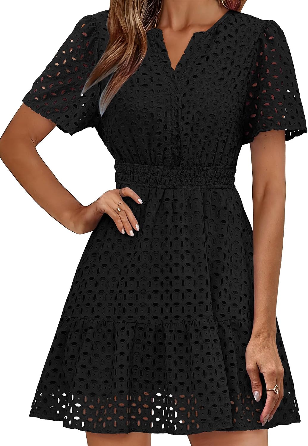 RUMIA Womens Dresses 2026 Summer V Neck Eyelet Lace A Line Short Dress