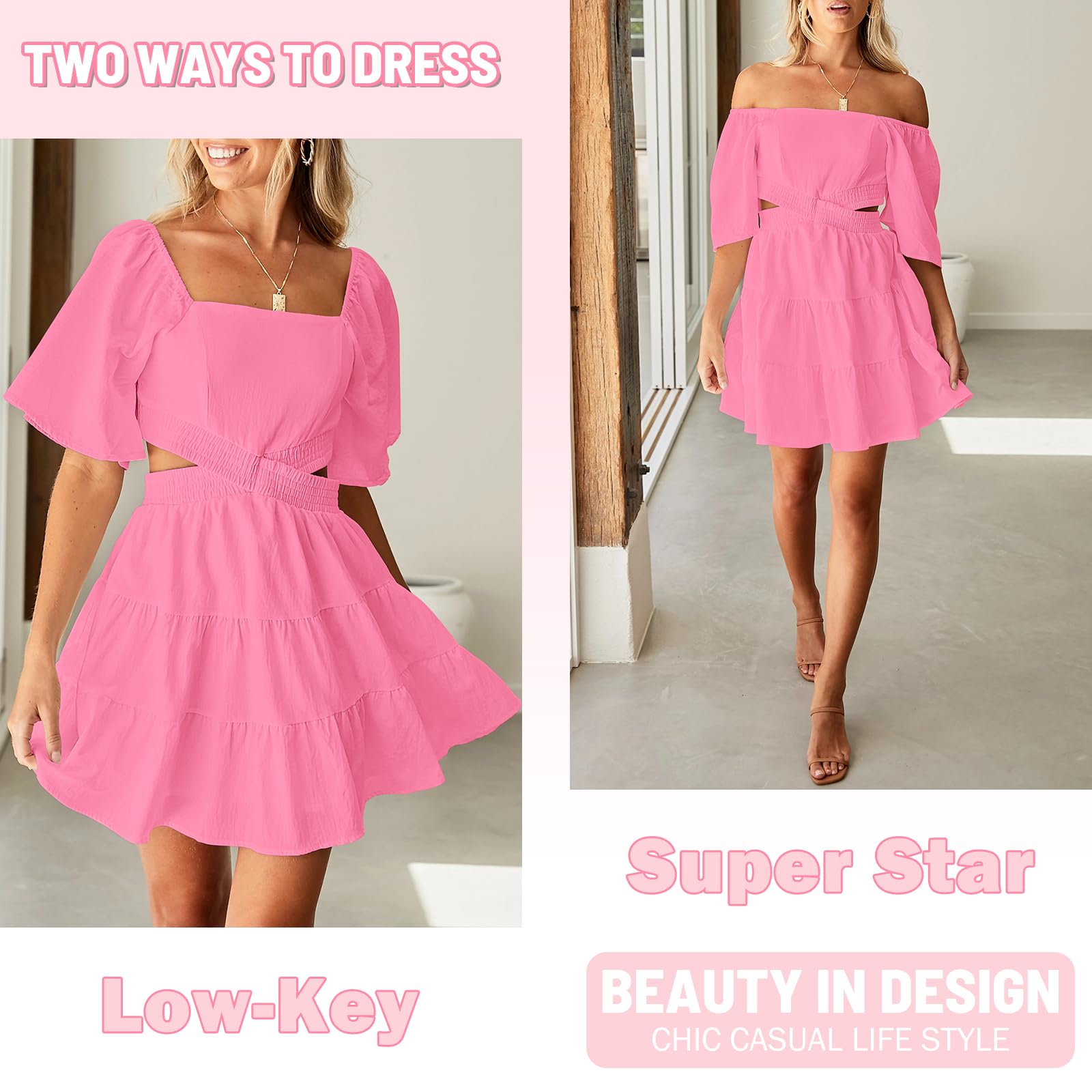 Senllen Womens Summer Dresses 2026 Short-Sleeve Square Neck Mini Dress Crossover Elastic Waist Casual Party Tiered Dress