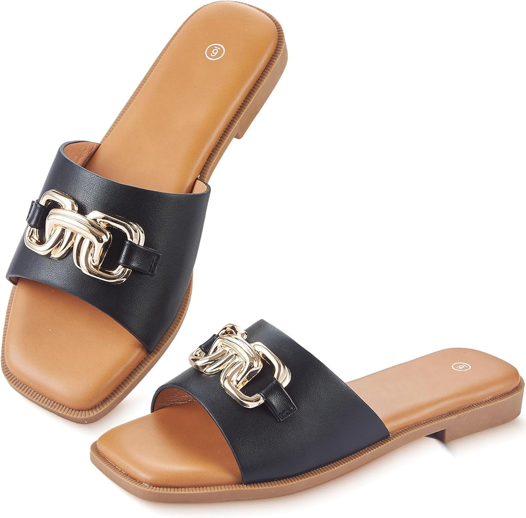Women's Sandals Square Toe Casual Summer Ladies Slides Cute Beach 2026 Trendy Faux Leather Flat with Golden Chain Size 6-11