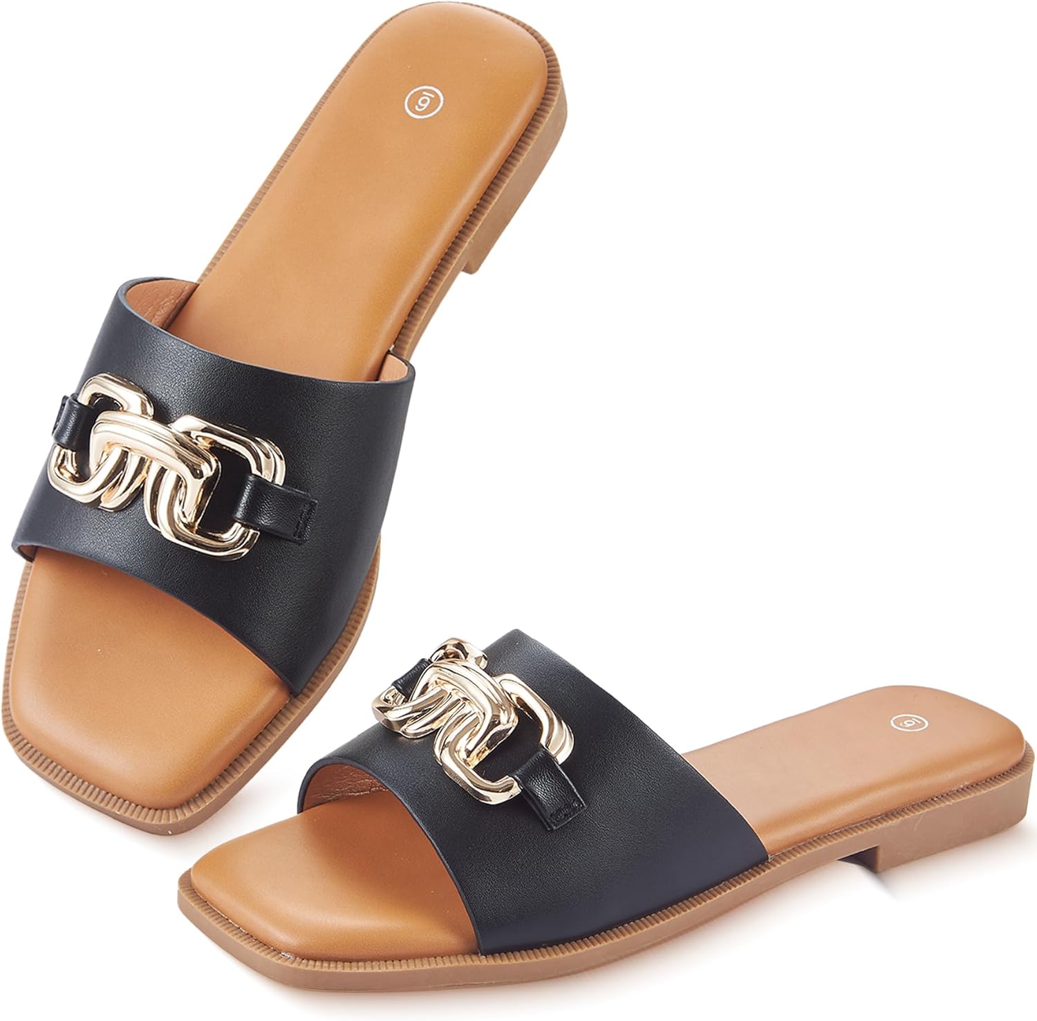 Women's Sandals Square Toe Casual Summer Ladies Slides Cute Beach 2026 Trendy Faux Leather Flat with Golden Chain Size 6-11