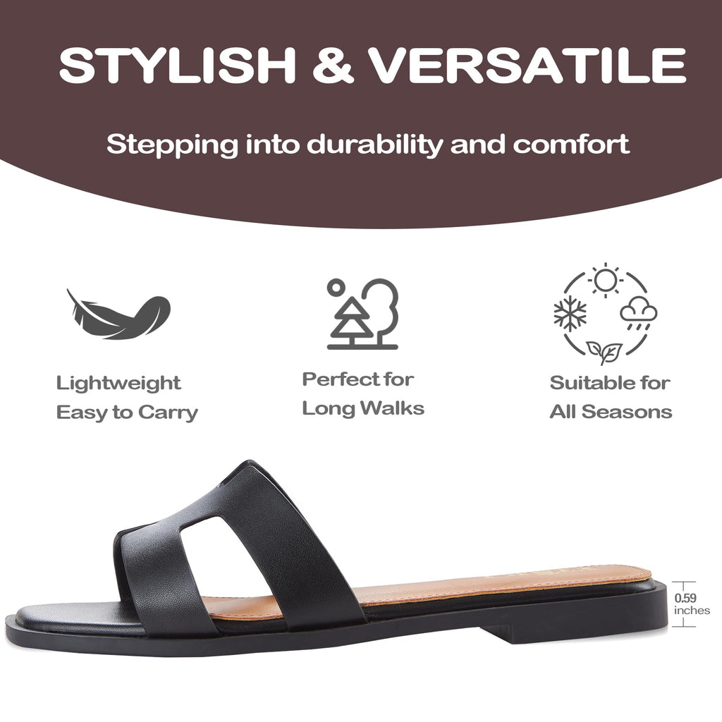 Sandals for Women 2026 Dressy Slides Flat Open Toe Comfortable Soft Leather Slip On Ladies Casual Wide Width Cute Trendy Shoes Summer Beach