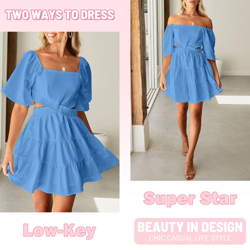 Senllen Womens Summer Dresses 2026 Short-Sleeve Square Neck Mini Dress Crossover Elastic Waist Casual Party Tiered Dress