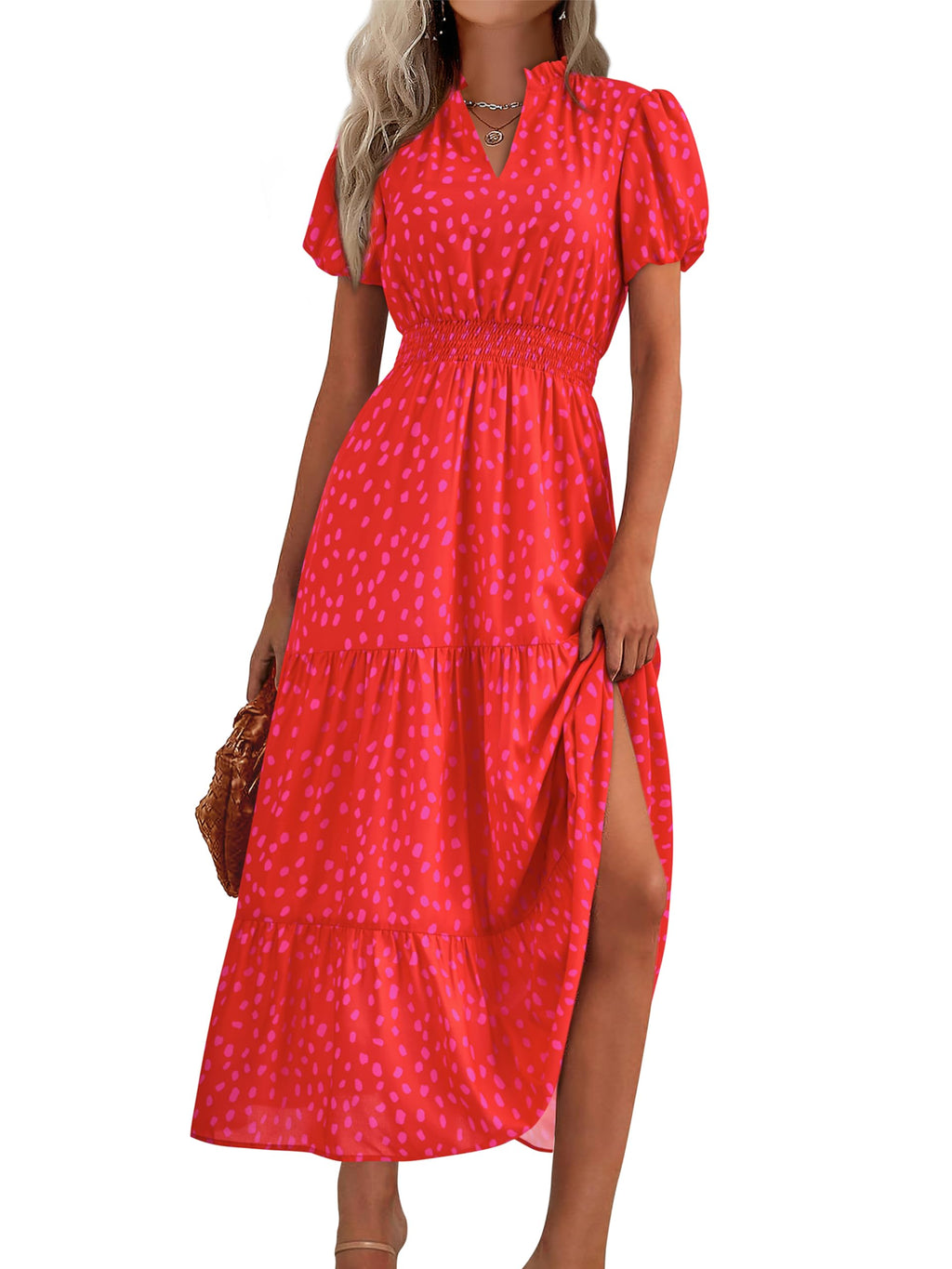 MASCOMODA Summer Maxi Dresses for Women 2026 Casual V Neck Puff Short Sleeve Smocked Flowy Beach Boho Long Floral Dress