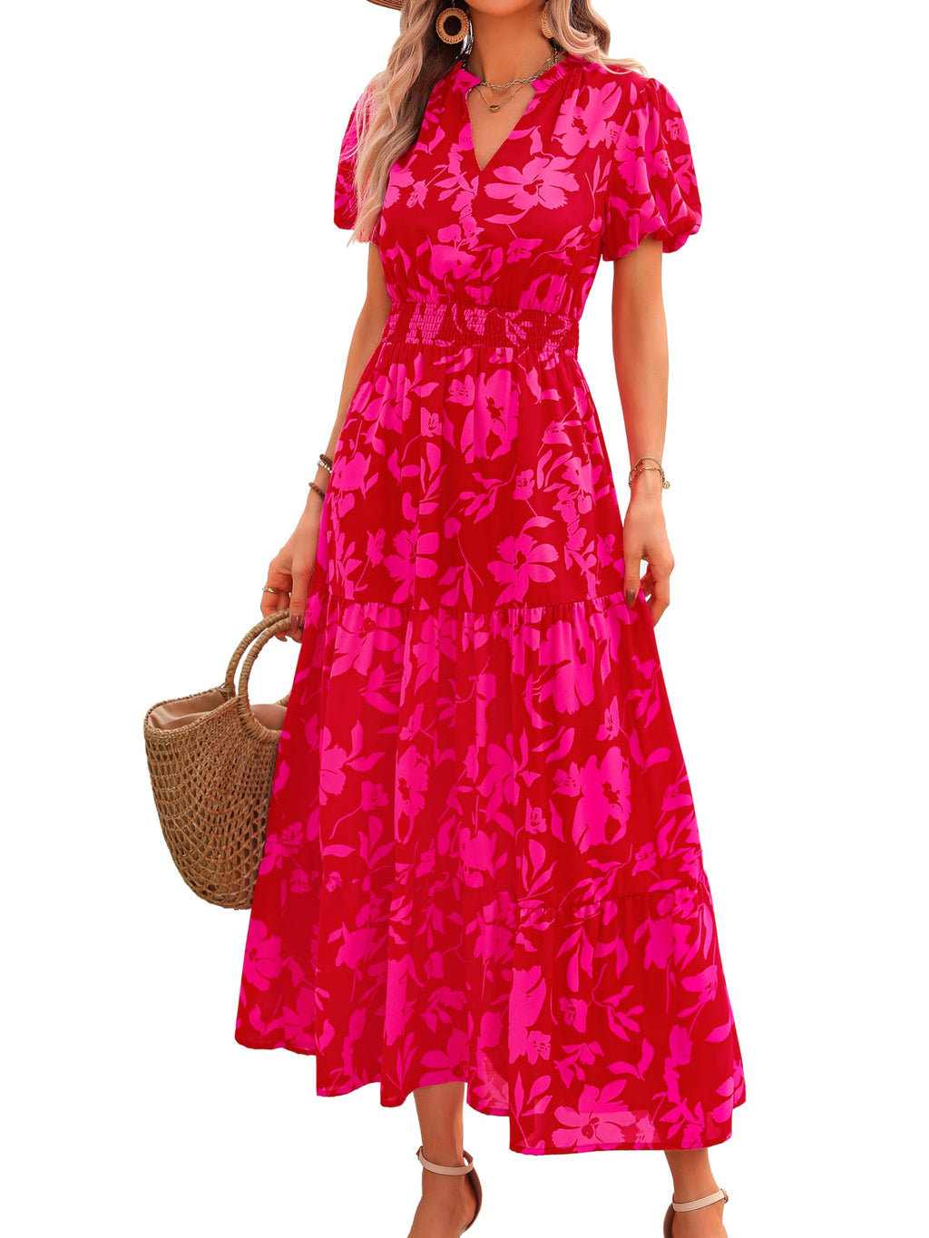 MASCOMODA Summer Maxi Dresses for Women 2026 Casual V Neck Puff Short Sleeve Smocked Flowy Beach Boho Long Floral Dress