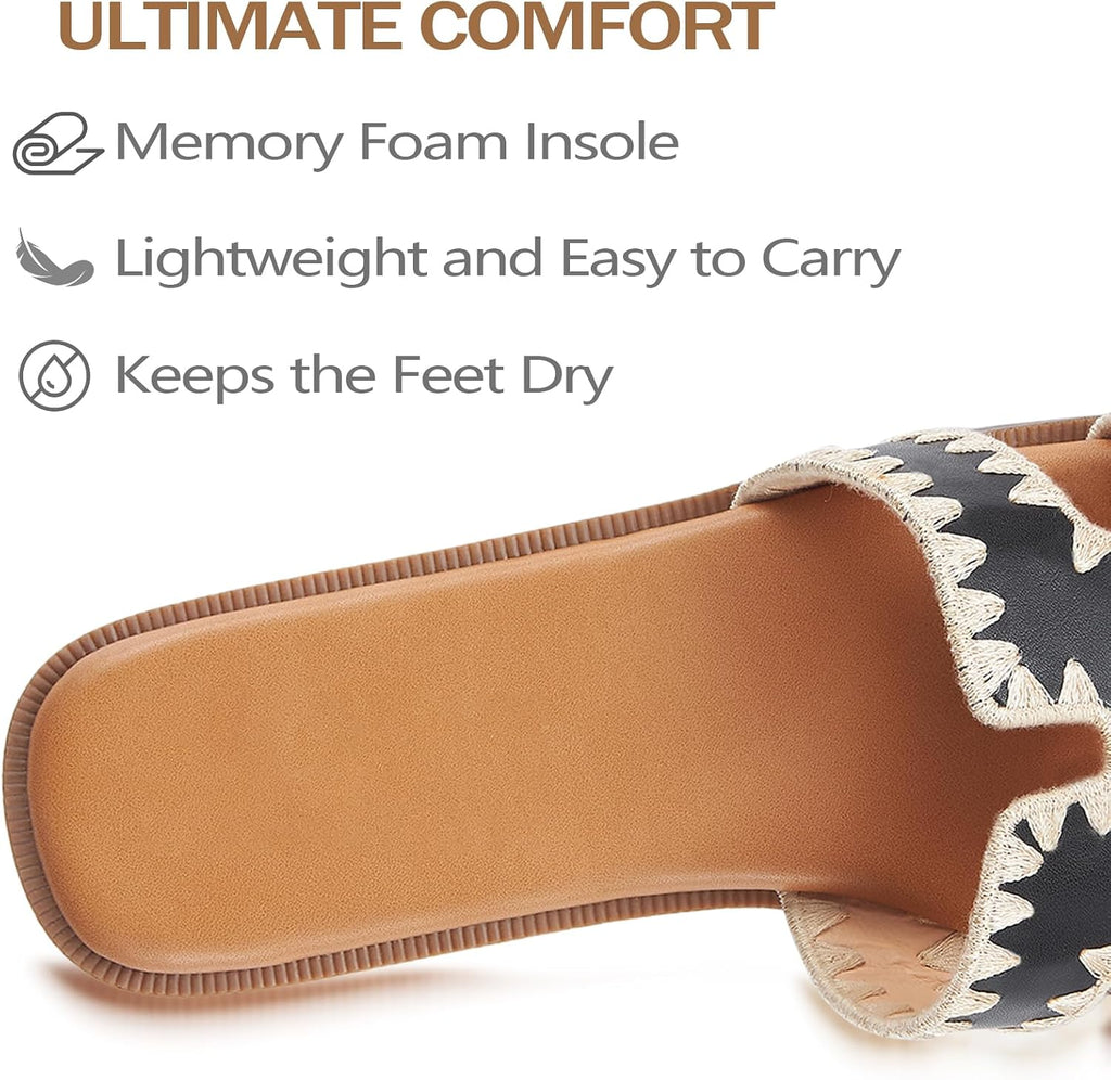 Womens Sandals Slip On Fashion Flat Sandals Soft Memory Foam Slides Comfortable Leather Open Toe Slide For Summer Dressy 2026