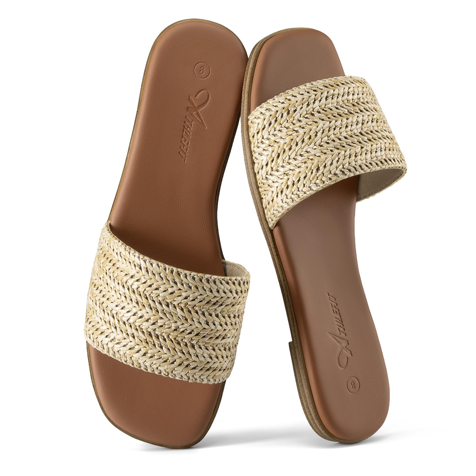 Athlefit Flat Sandals for Women Summer Raffia Square Toe Comfortable Slip On Dressy Casual Slide Sandals for Beach Travel