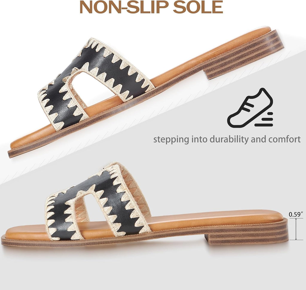 Womens Sandals Slip On Fashion Flat Sandals Soft Memory Foam Slides Comfortable Leather Open Toe Slide For Summer Dressy 2026
