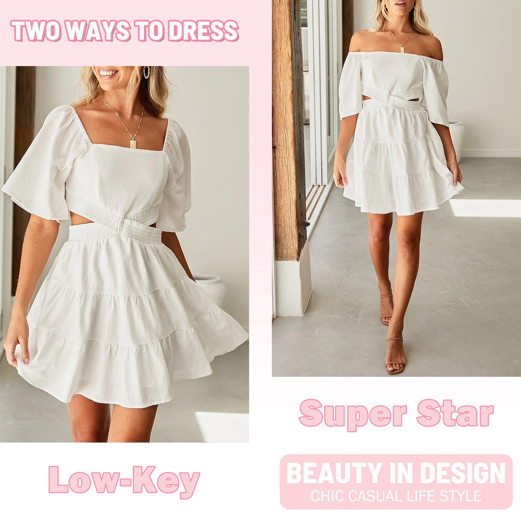 Senllen Womens Summer Dresses 2026 Short-Sleeve Square Neck Mini Dress Crossover Elastic Waist Casual Party Tiered Dress