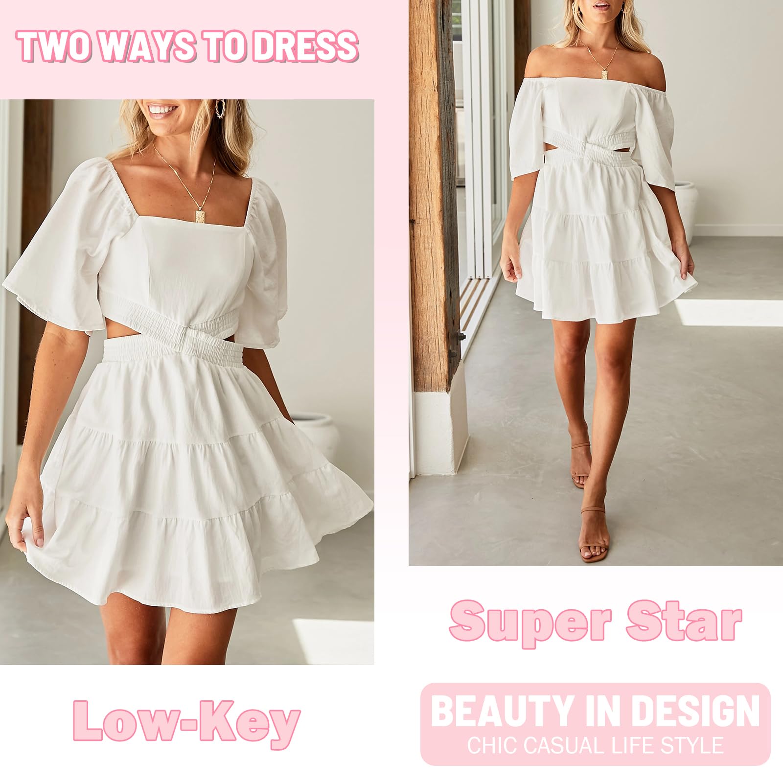 Senllen Womens Summer Dresses 2026 Short-Sleeve Square Neck Mini Dress Crossover Elastic Waist Casual Party Tiered Dress