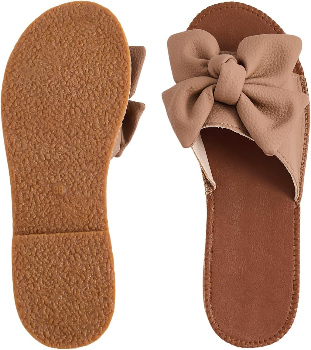 Verdusa Women's Bow Flat Sandals Leather Open Toe Flats Summer Vacation Shoes Beach Sandals Outdoor Slippers