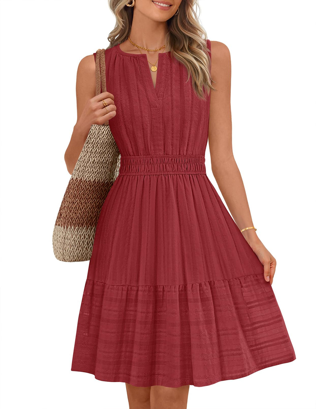 MEROKEETY Women's 2026 Summer Casual Mini Sundress Beach Vacation Sleeveless V Neck Flowy A Line Dress with Pockets