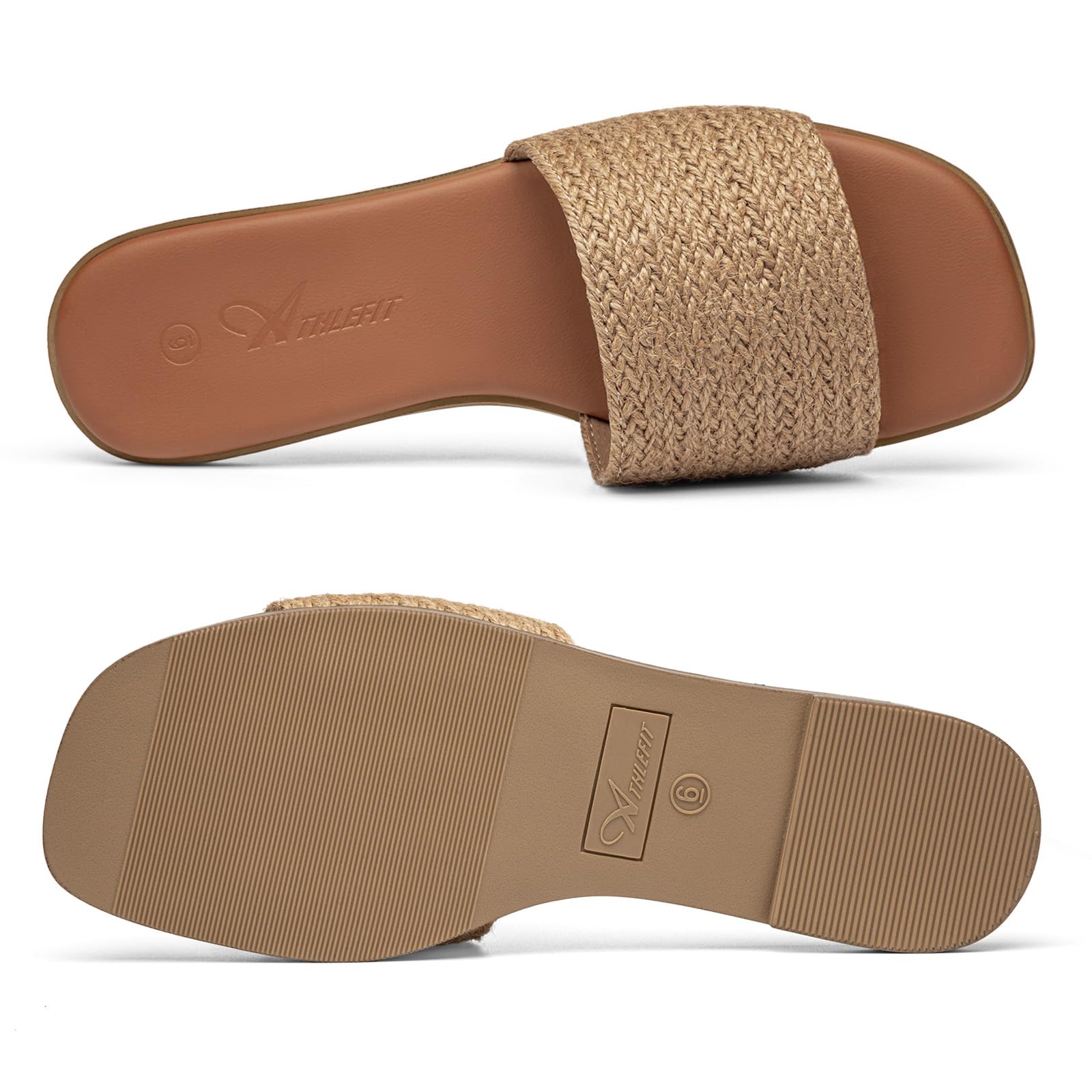 Athlefit Flat Sandals for Women Summer Raffia Square Toe Comfortable Slip On Dressy Casual Slide Sandals for Beach Travel