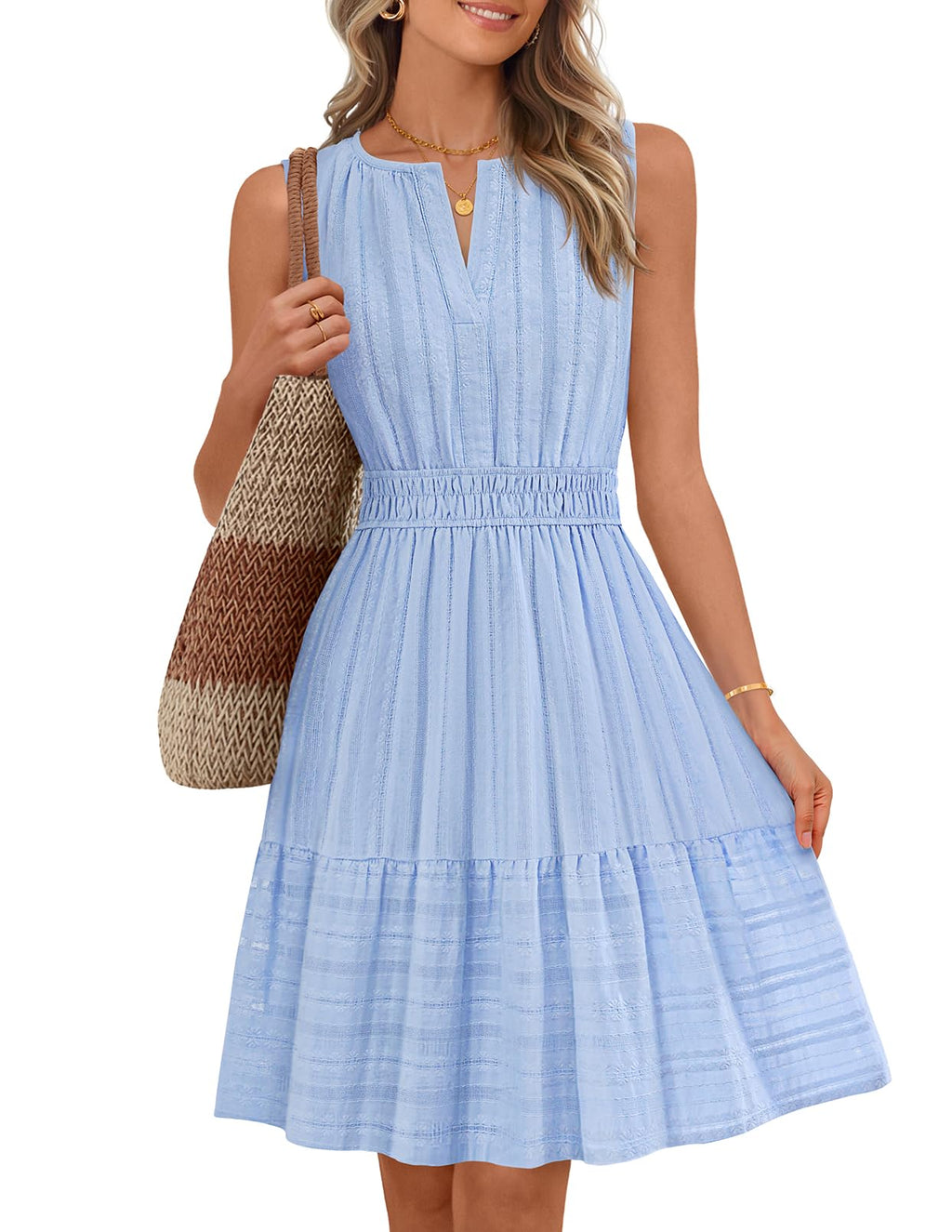 MEROKEETY Women's 2026 Summer Casual Mini Sundress Beach Vacation Sleeveless V Neck Flowy A Line Dress with Pockets