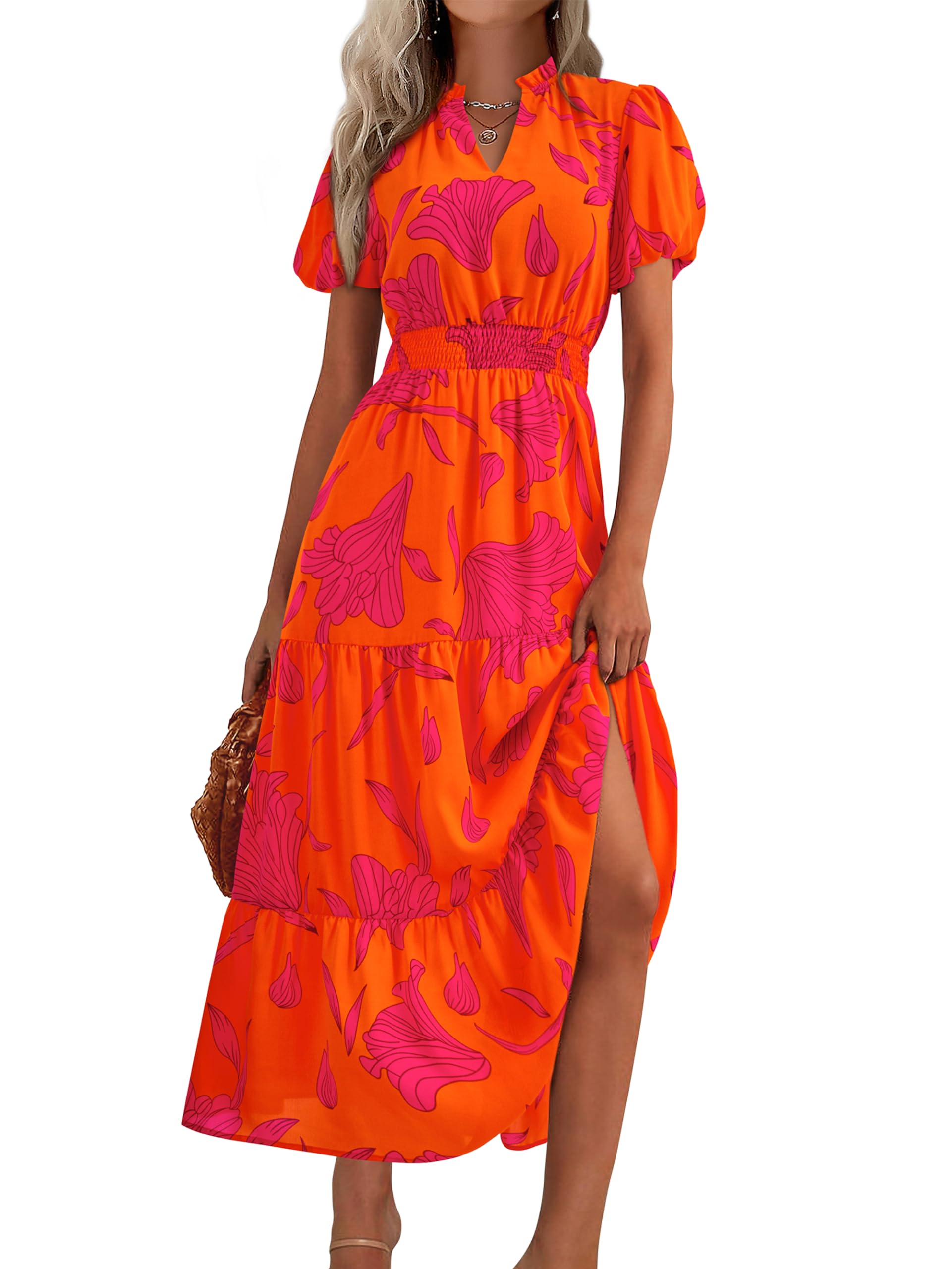 MASCOMODA Summer Maxi Dresses for Women 2026 Casual V Neck Puff Short Sleeve Smocked Flowy Beach Boho Long Floral Dress