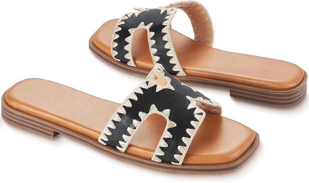 Womens Sandals Slip On Fashion Flat Sandals Soft Memory Foam Slides Comfortable Leather Open Toe Slide For Summer Dressy 2026