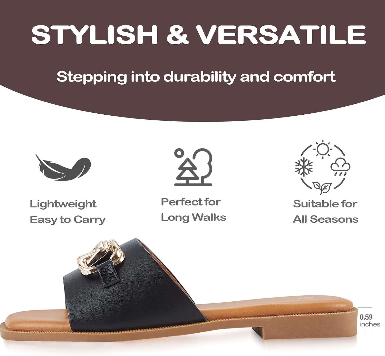 Women's Sandals Square Toe Casual Summer Ladies Slides Cute Beach 2026 Trendy Faux Leather Flat with Golden Chain Size 6-11
