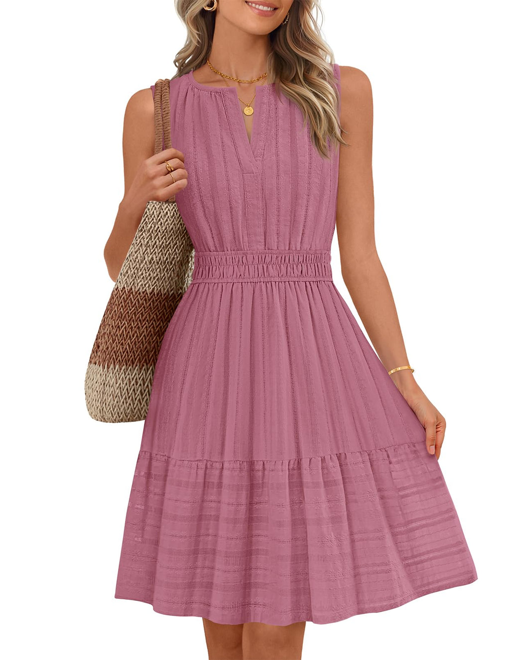 MEROKEETY Women's 2026 Summer Casual Mini Sundress Beach Vacation Sleeveless V Neck Flowy A Line Dress with Pockets