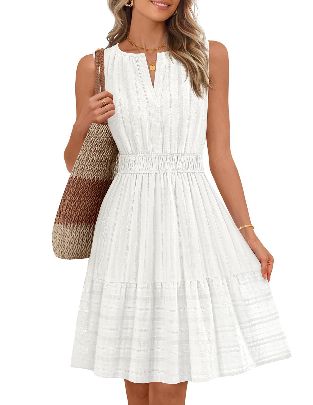 MEROKEETY Women's 2026 Summer Casual Mini Sundress Beach Vacation Sleeveless V Neck Flowy A Line Dress with Pockets