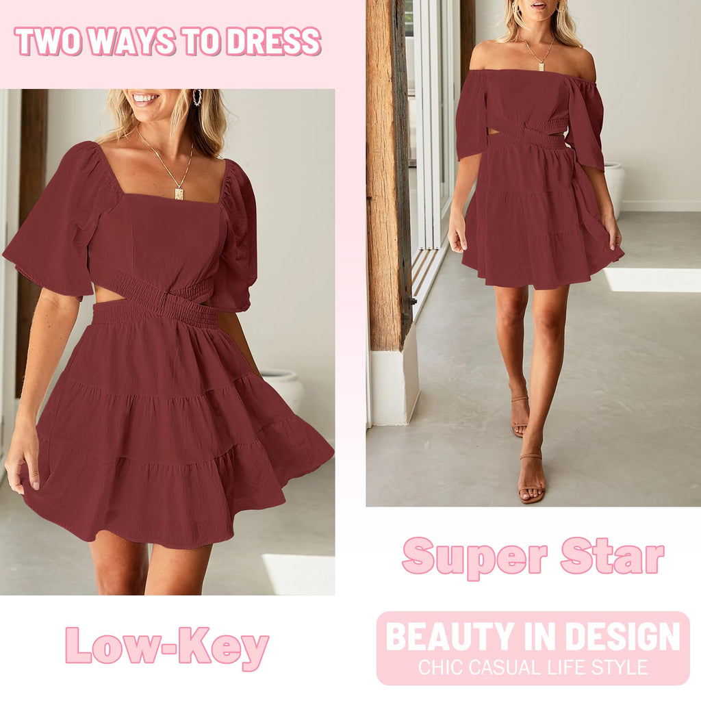 Senllen Womens Summer Dresses 2026 Short-Sleeve Square Neck Mini Dress Crossover Elastic Waist Casual Party Tiered Dress