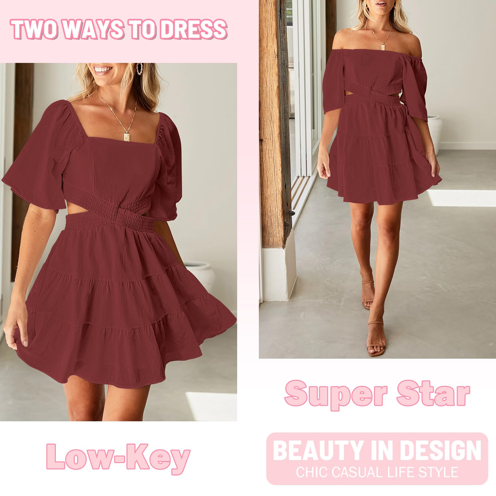Senllen Womens Summer Dresses 2026 Short-Sleeve Square Neck Mini Dress Crossover Elastic Waist Casual Party Tiered Dress