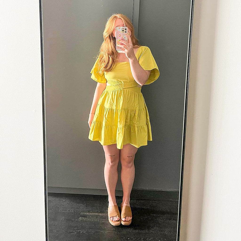 Senllen Womens Summer Dresses 2026 Short-Sleeve Square Neck Mini Dress Crossover Elastic Waist Casual Party Tiered Dress