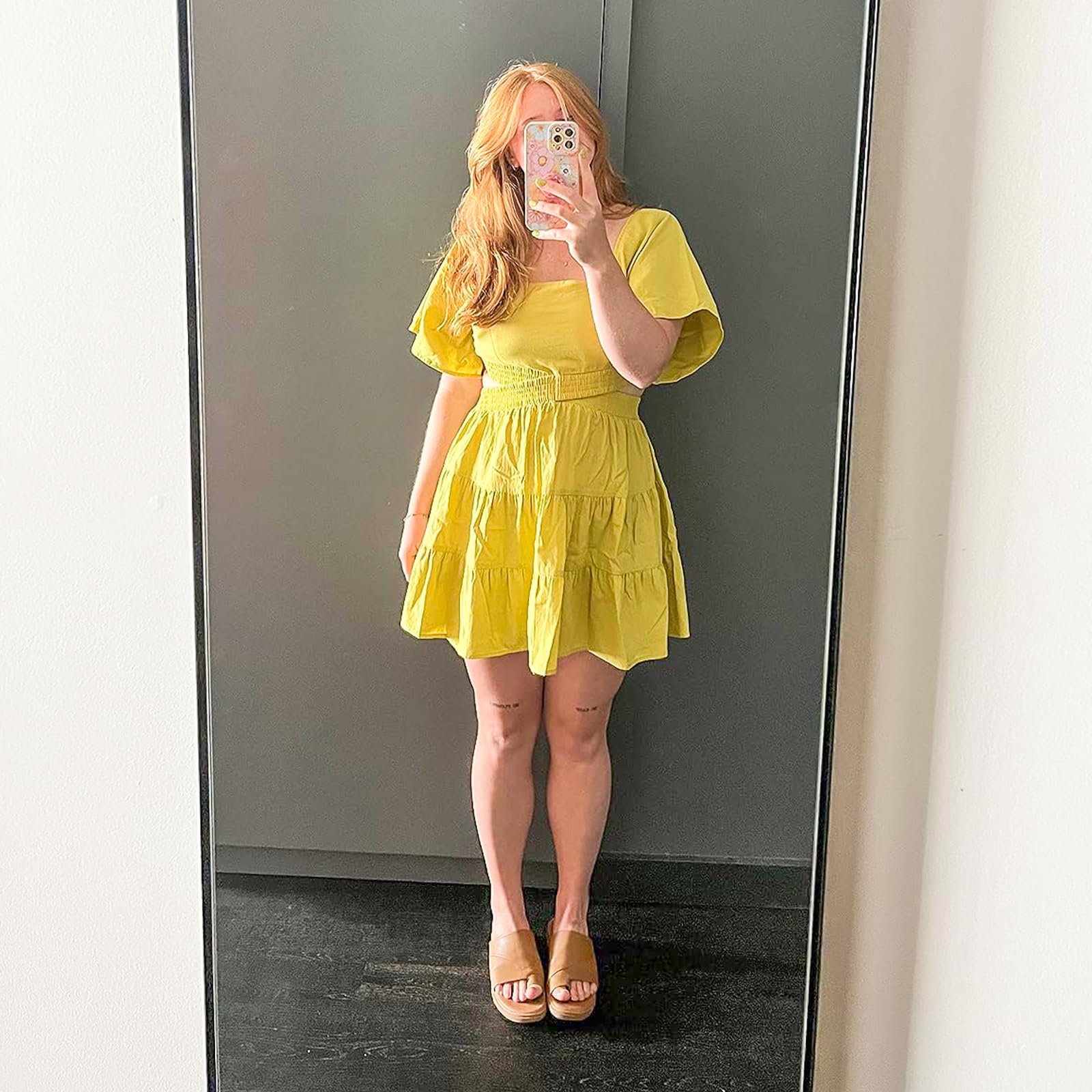Senllen Womens Summer Dresses 2026 Short-Sleeve Square Neck Mini Dress Crossover Elastic Waist Casual Party Tiered Dress