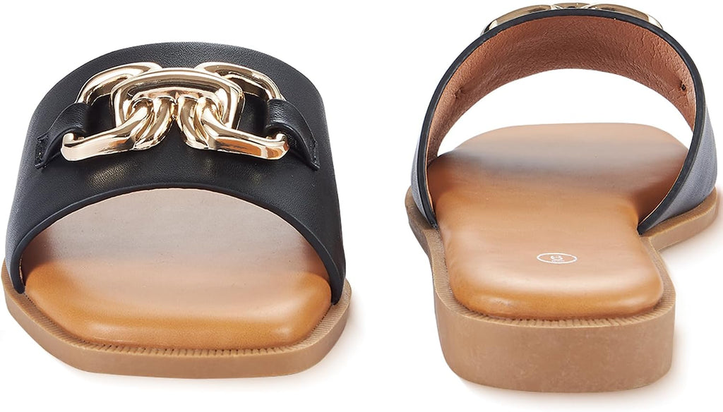Women's Sandals Square Toe Casual Summer Ladies Slides Cute Beach 2026 Trendy Faux Leather Flat with Golden Chain Size 6-11
