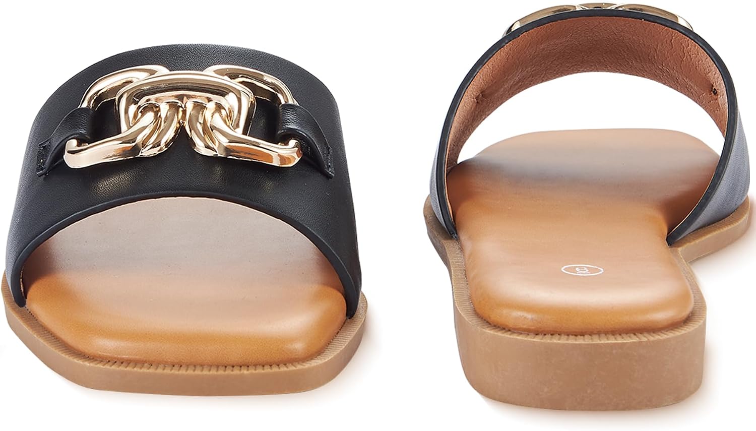 Women's Sandals Square Toe Casual Summer Ladies Slides Cute Beach 2026 Trendy Faux Leather Flat with Golden Chain Size 6-11