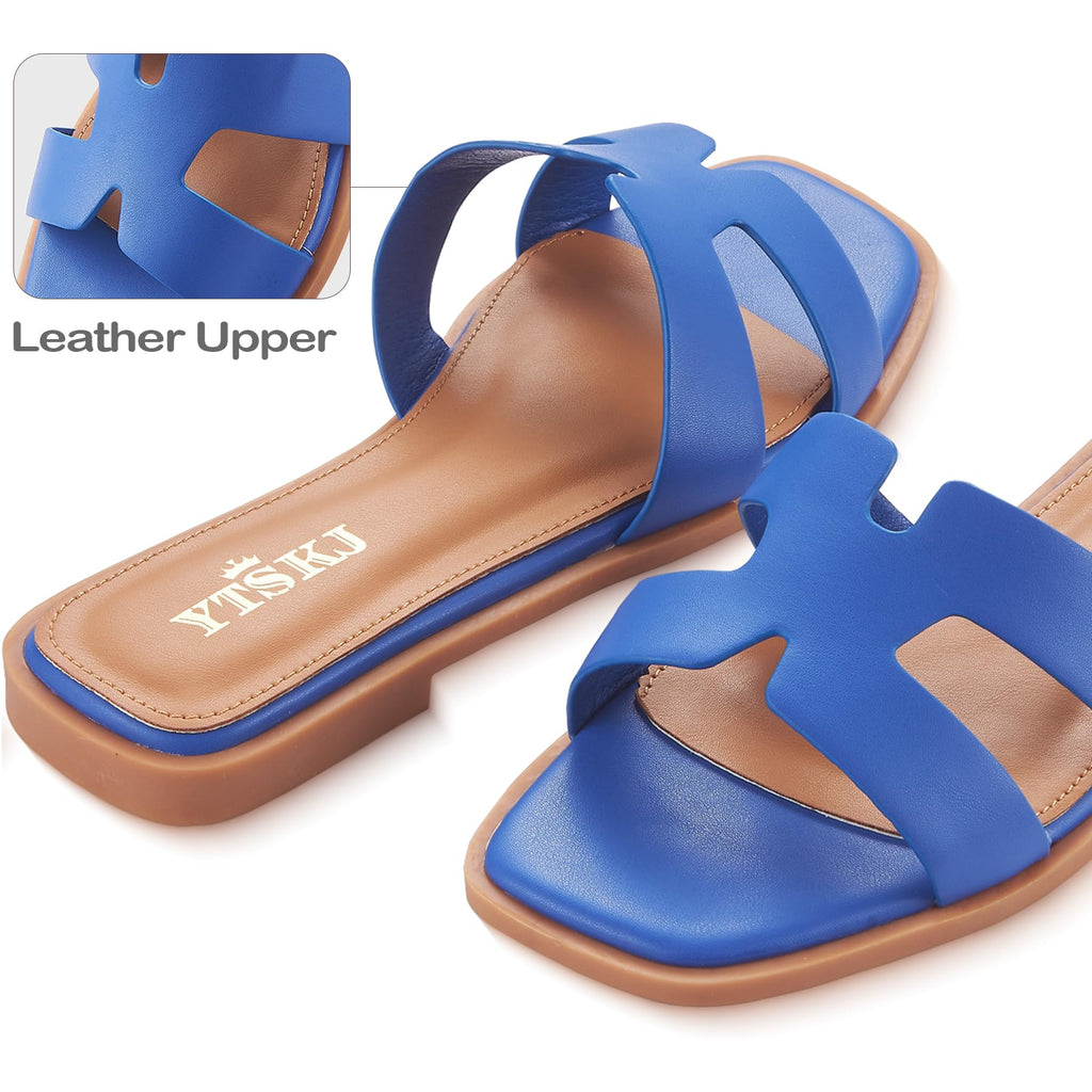 Sandals for Women 2026 Dressy Slides Flat Open Toe Comfortable Soft Leather Slip On Ladies Casual Wide Width Cute Trendy Shoes Summer Beach