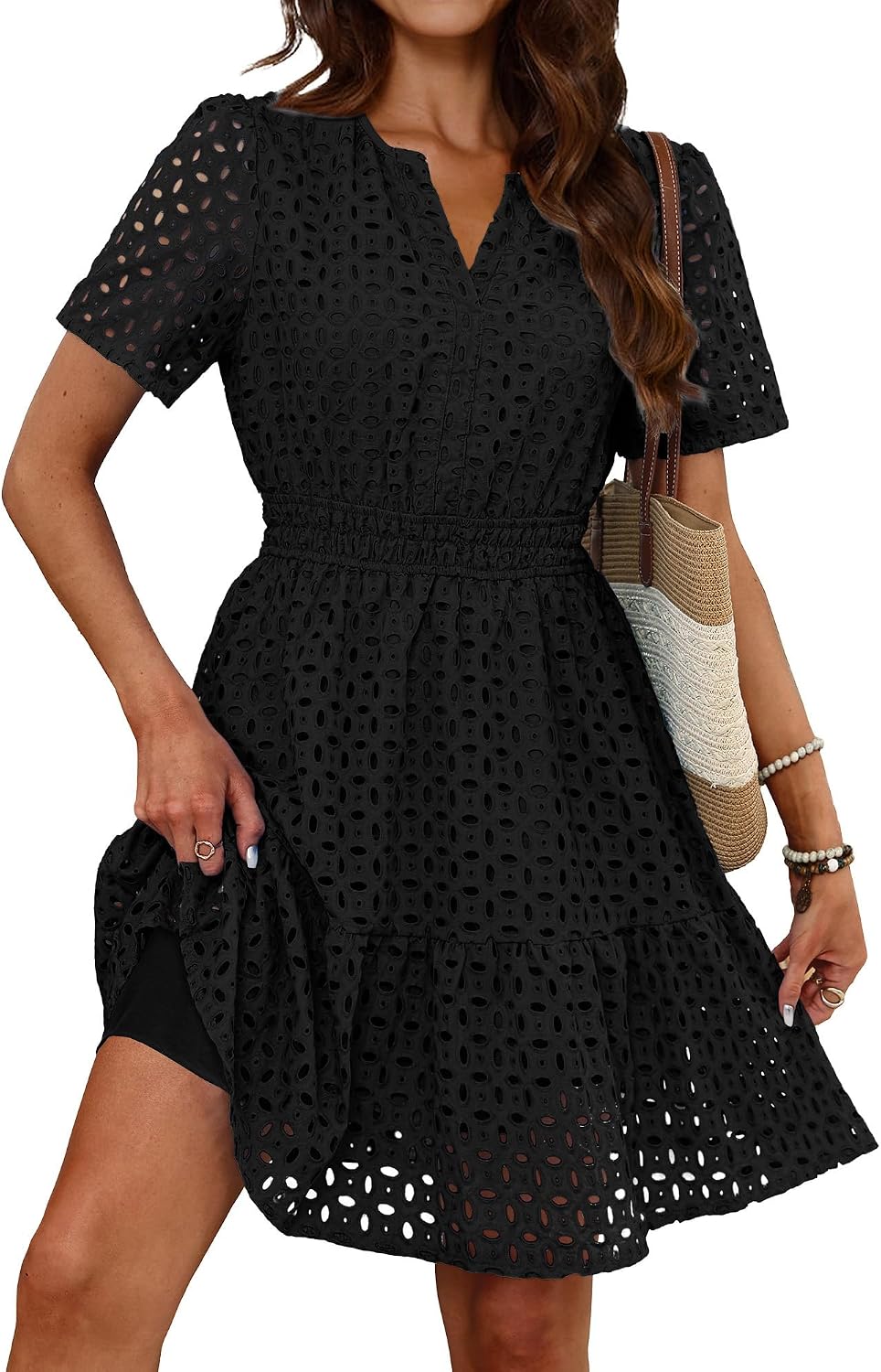 RUMIA Womens Dresses 2026 Summer V Neck Eyelet Lace A Line Short Dress
