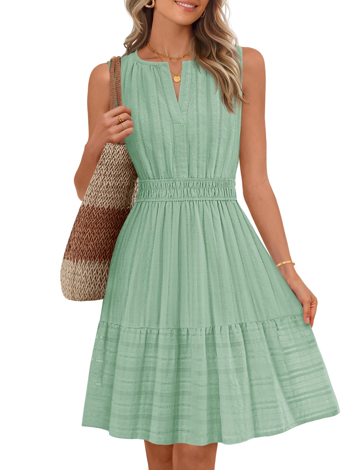 MEROKEETY Women's 2026 Summer Casual Mini Sundress Beach Vacation Sleeveless V Neck Flowy A Line Dress with Pockets