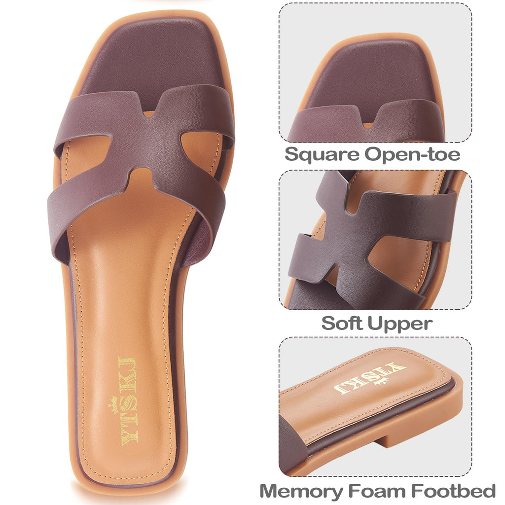 Sandals for Women 2026 Dressy Slides Flat Open Toe Comfortable Soft Leather Slip On Ladies Casual Wide Width Cute Trendy Shoes Summer Beach