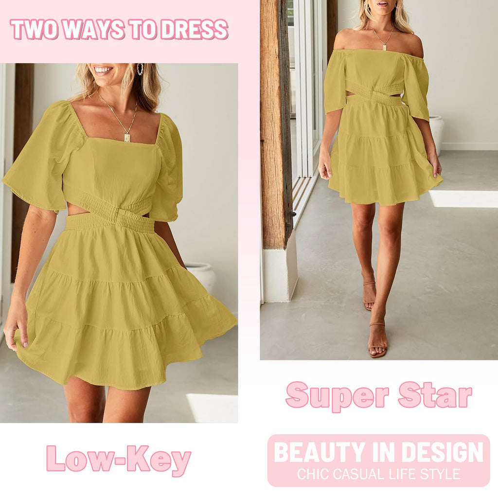 Senllen Womens Summer Dresses 2026 Short-Sleeve Square Neck Mini Dress Crossover Elastic Waist Casual Party Tiered Dress