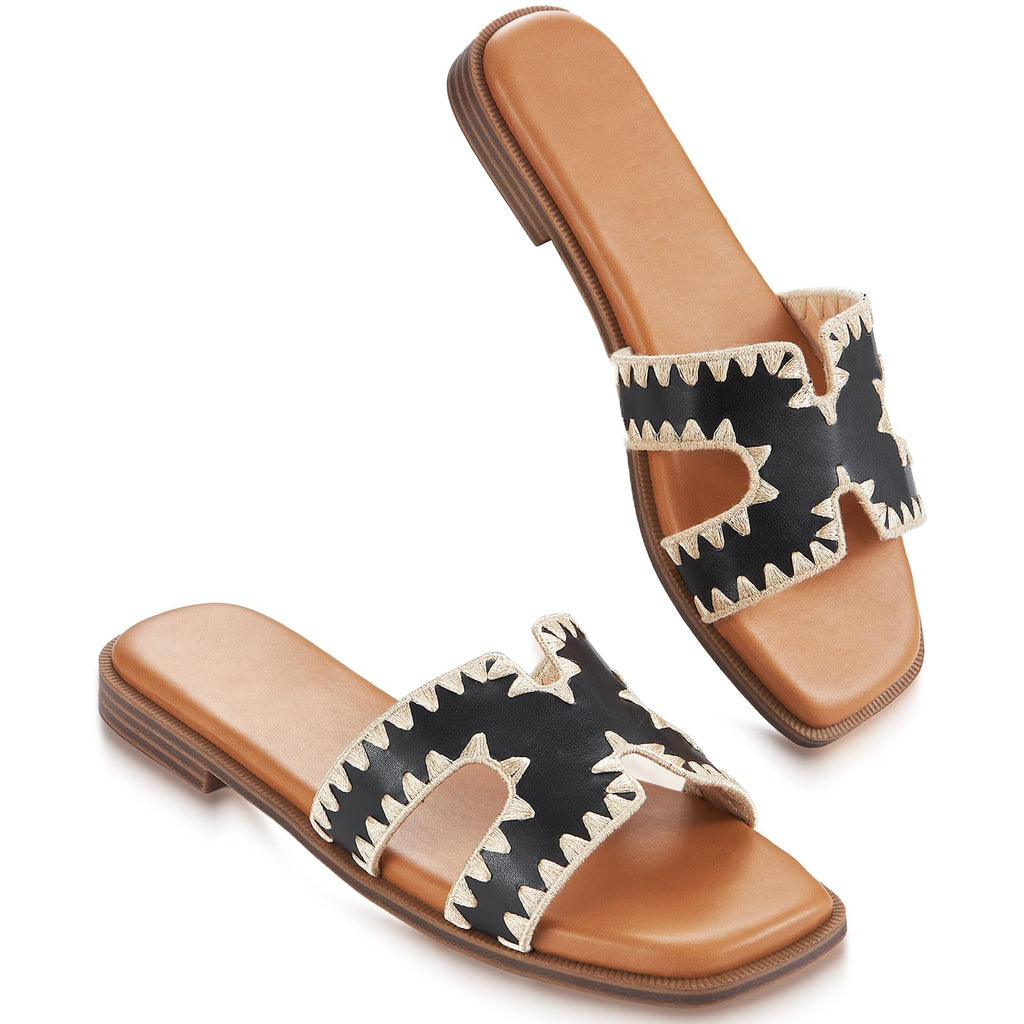Womens Sandals Slip On Fashion Flat Sandals Soft Memory Foam Slides Comfortable Leather Open Toe Slide For Summer Dressy 2026