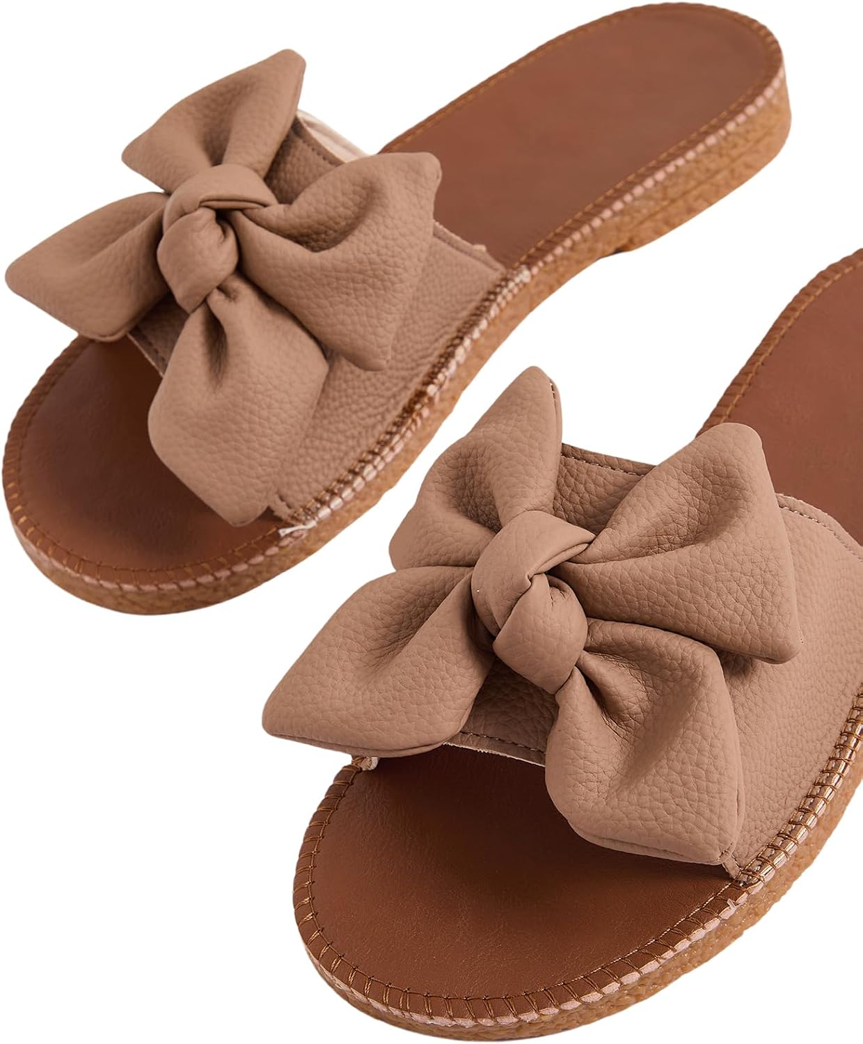 Verdusa Women's Bow Flat Sandals Leather Open Toe Flats Summer Vacation Shoes Beach Sandals Outdoor Slippers