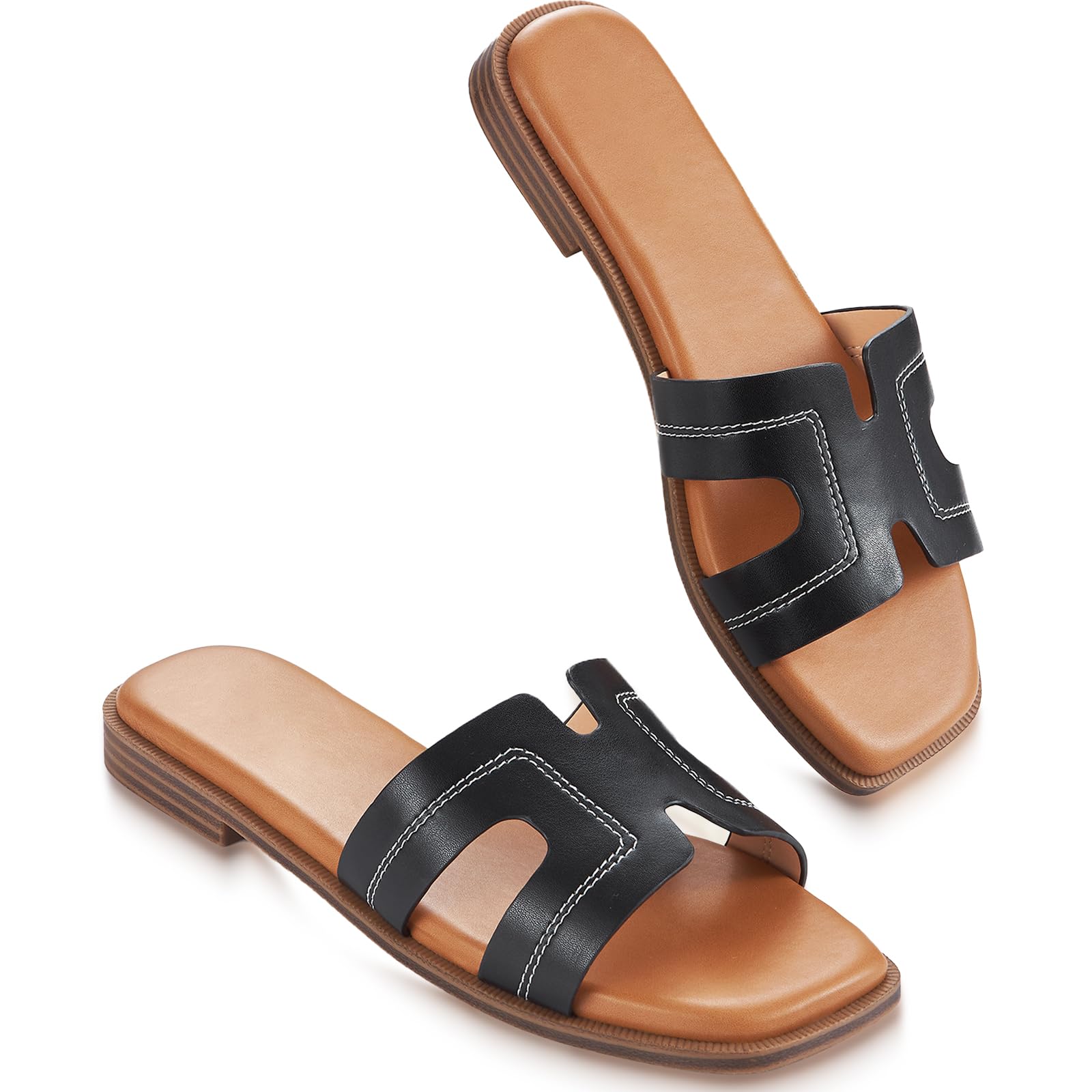 Womens Sandals Slip On Fashion Flat Sandals Soft Memory Foam Slides Comfortable Leather Open Toe Slide For Summer Dressy 2026