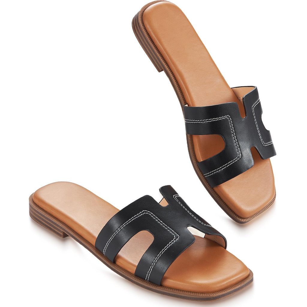 Womens Sandals Slip On Fashion Flat Sandals Soft Memory Foam Slides Comfortable Leather Open Toe Slide For Summer Dressy 2026