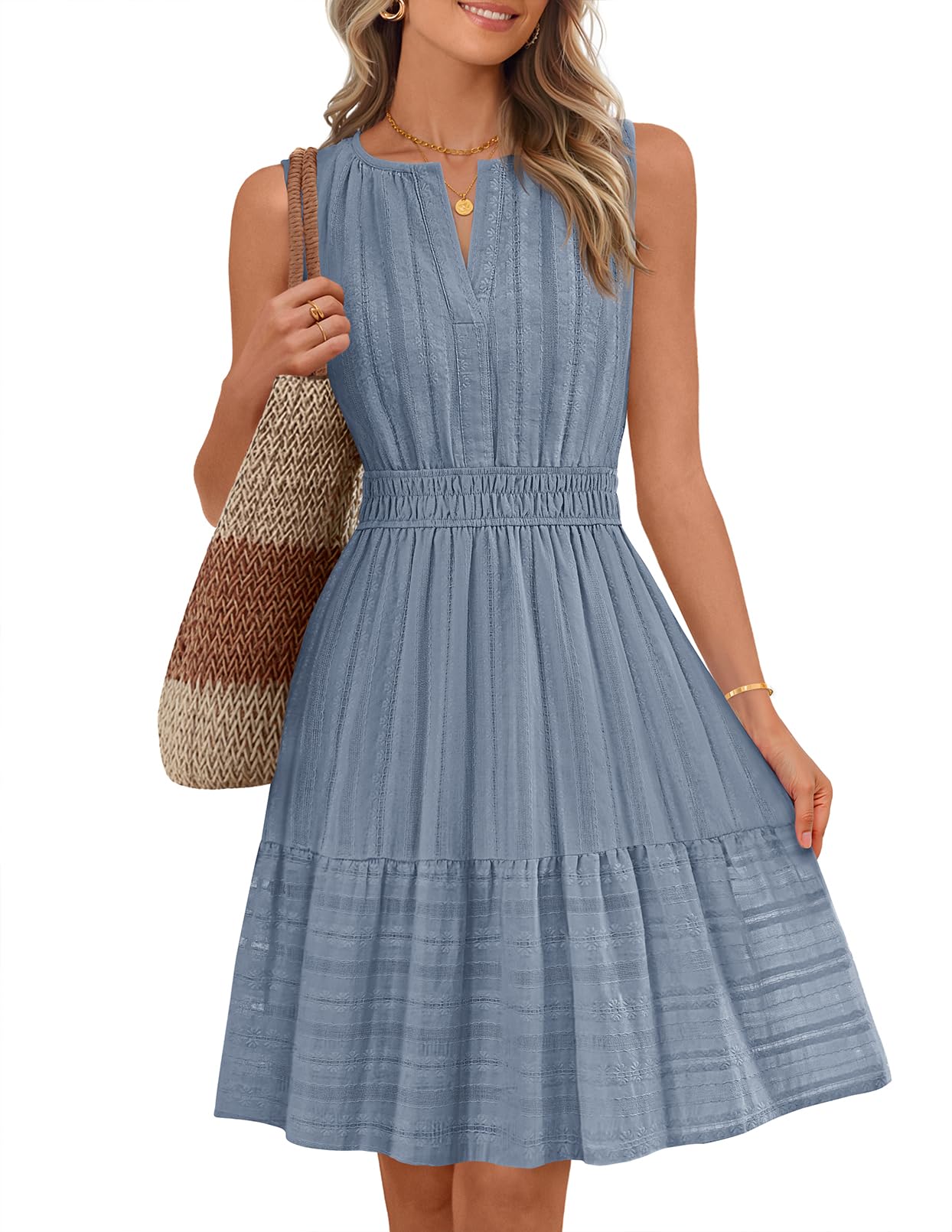 MEROKEETY Women's 2026 Summer Casual Mini Sundress Beach Vacation Sleeveless V Neck Flowy A Line Dress with Pockets
