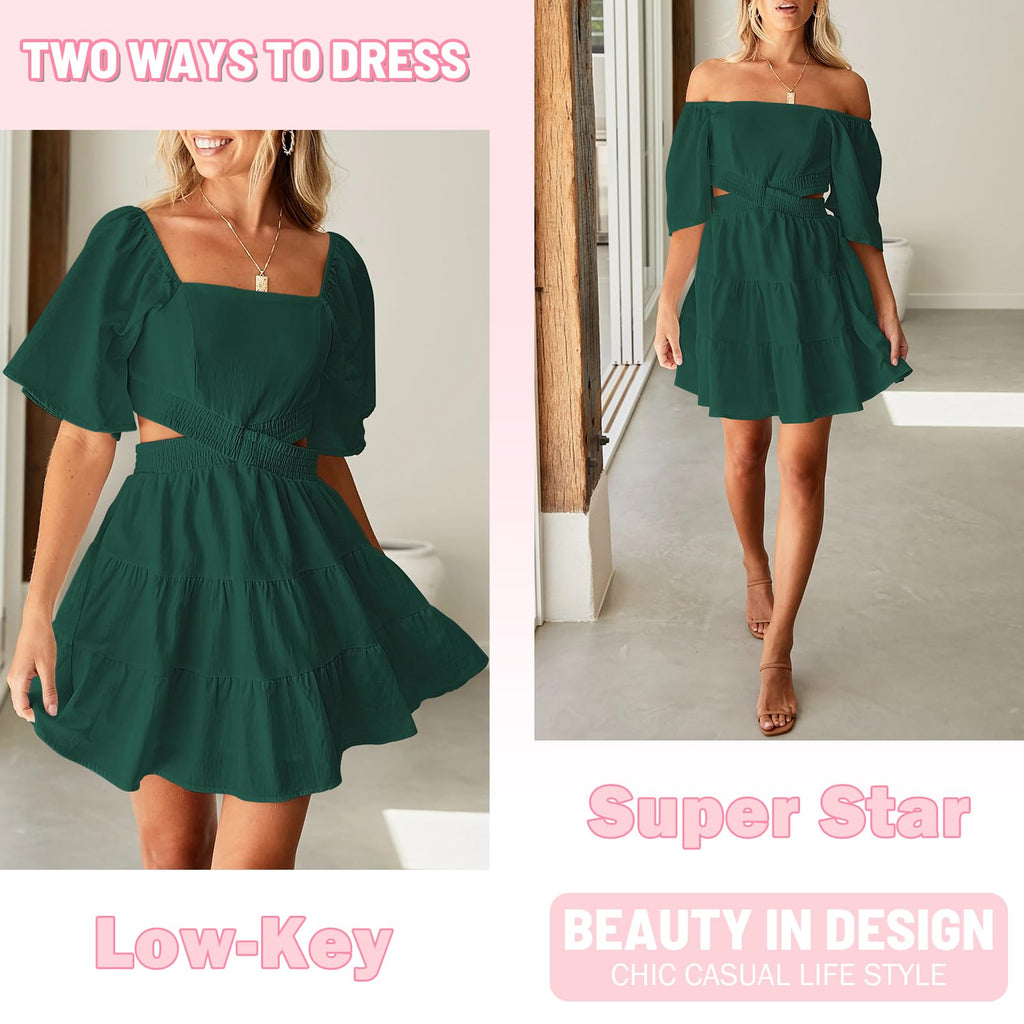 Senllen Womens Summer Dresses 2026 Short-Sleeve Square Neck Mini Dress Crossover Elastic Waist Casual Party Tiered Dress