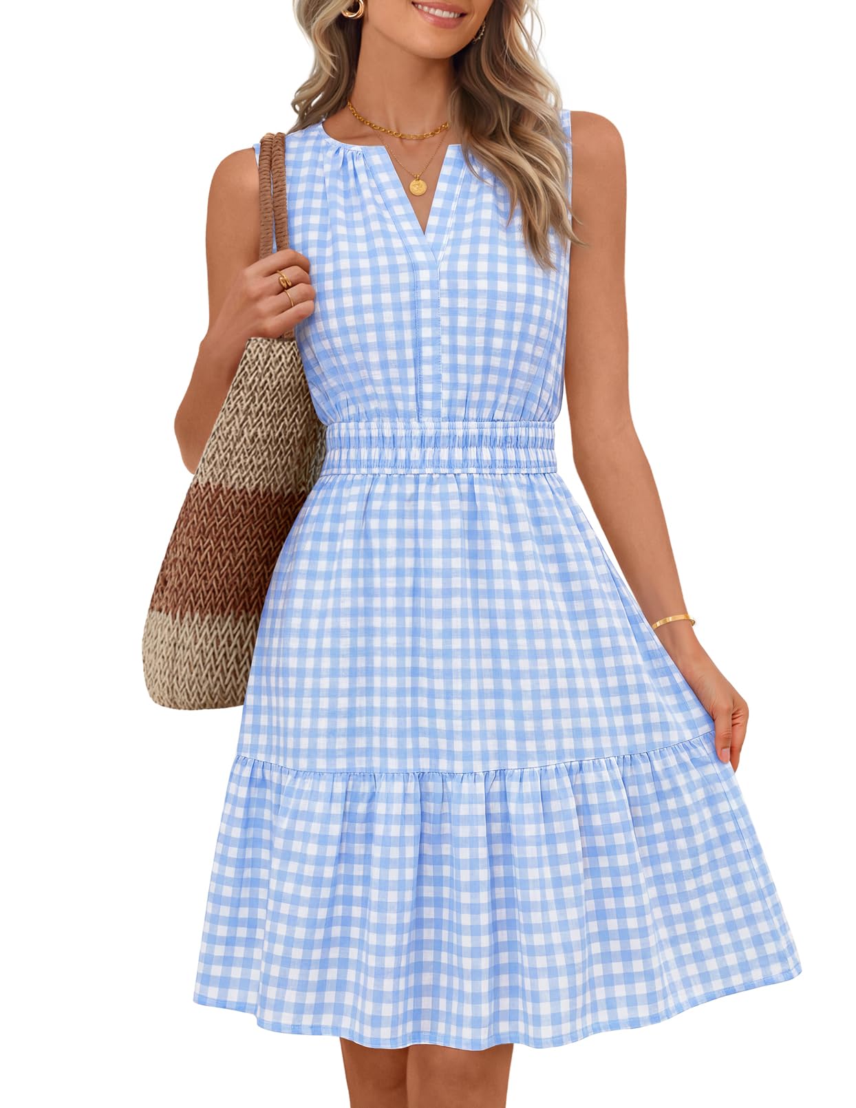 MEROKEETY Women's 2026 Summer Casual Mini Sundress Beach Vacation Sleeveless V Neck Flowy A Line Dress with Pockets