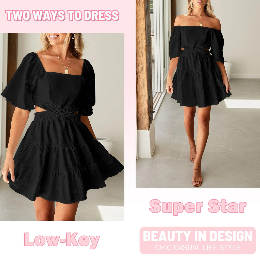 Senllen Womens Summer Dresses 2026 Short-Sleeve Square Neck Mini Dress Crossover Elastic Waist Casual Party Tiered Dress