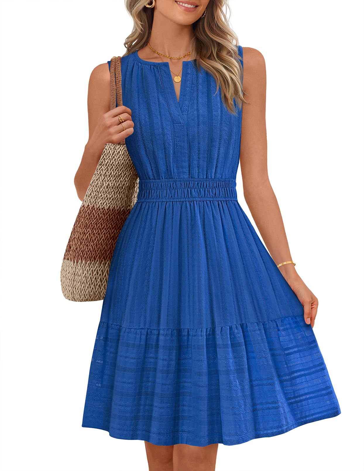 MEROKEETY Women's 2026 Summer Casual Mini Sundress Beach Vacation Sleeveless V Neck Flowy A Line Dress with Pockets