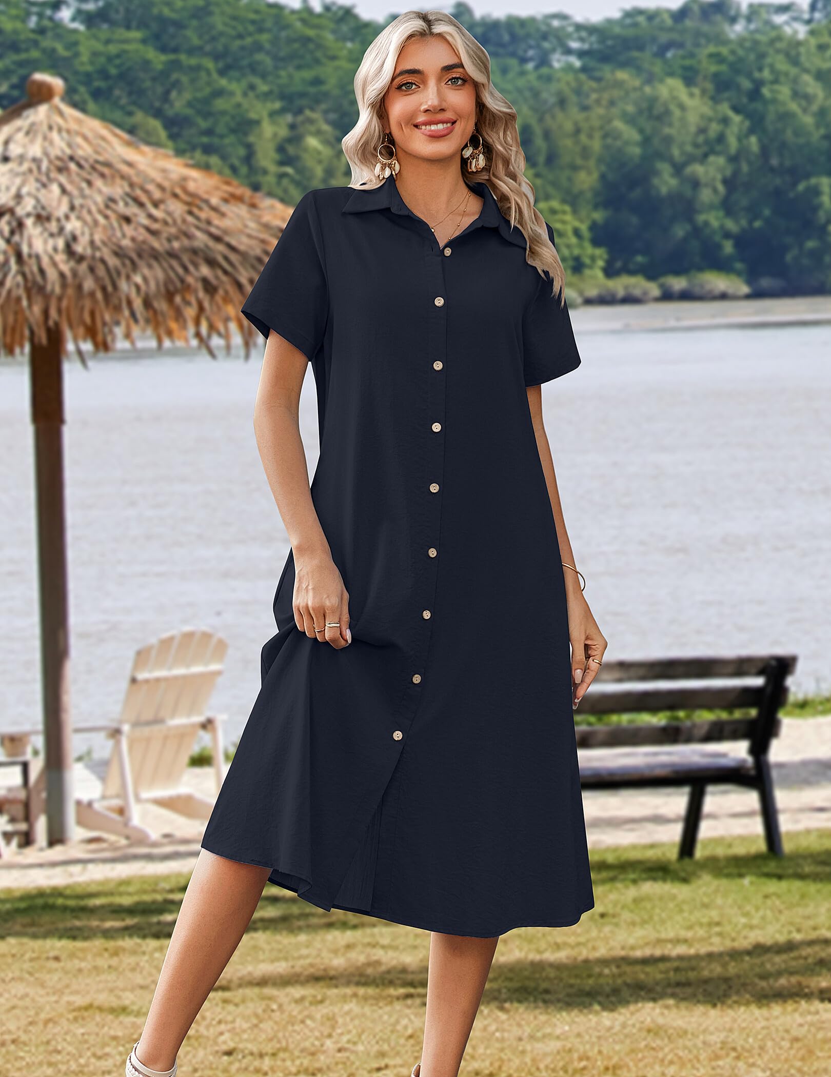 Zeagoo Summer Dresses for Women 2026 Button Down Shirt Dresses Aline Long Sundress Short Sleeve Beach Travel Cover Up