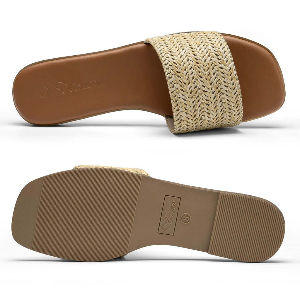 Athlefit Flat Sandals for Women Summer Raffia Square Toe Comfortable Slip On Dressy Casual Slide Sandals for Beach Travel