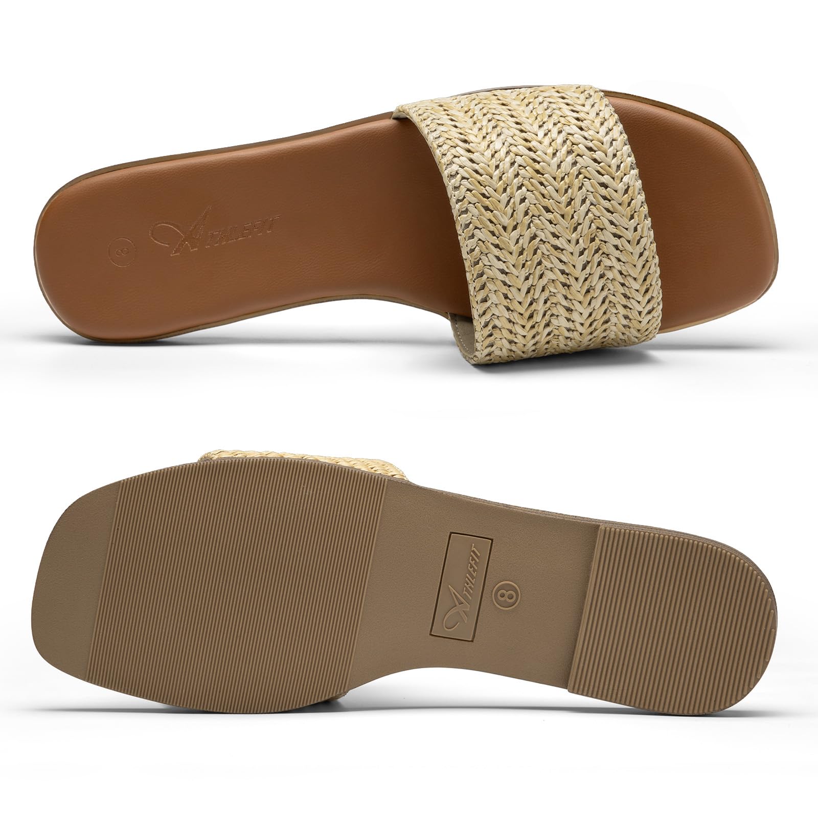 Athlefit Flat Sandals for Women Summer Raffia Square Toe Comfortable Slip On Dressy Casual Slide Sandals for Beach Travel
