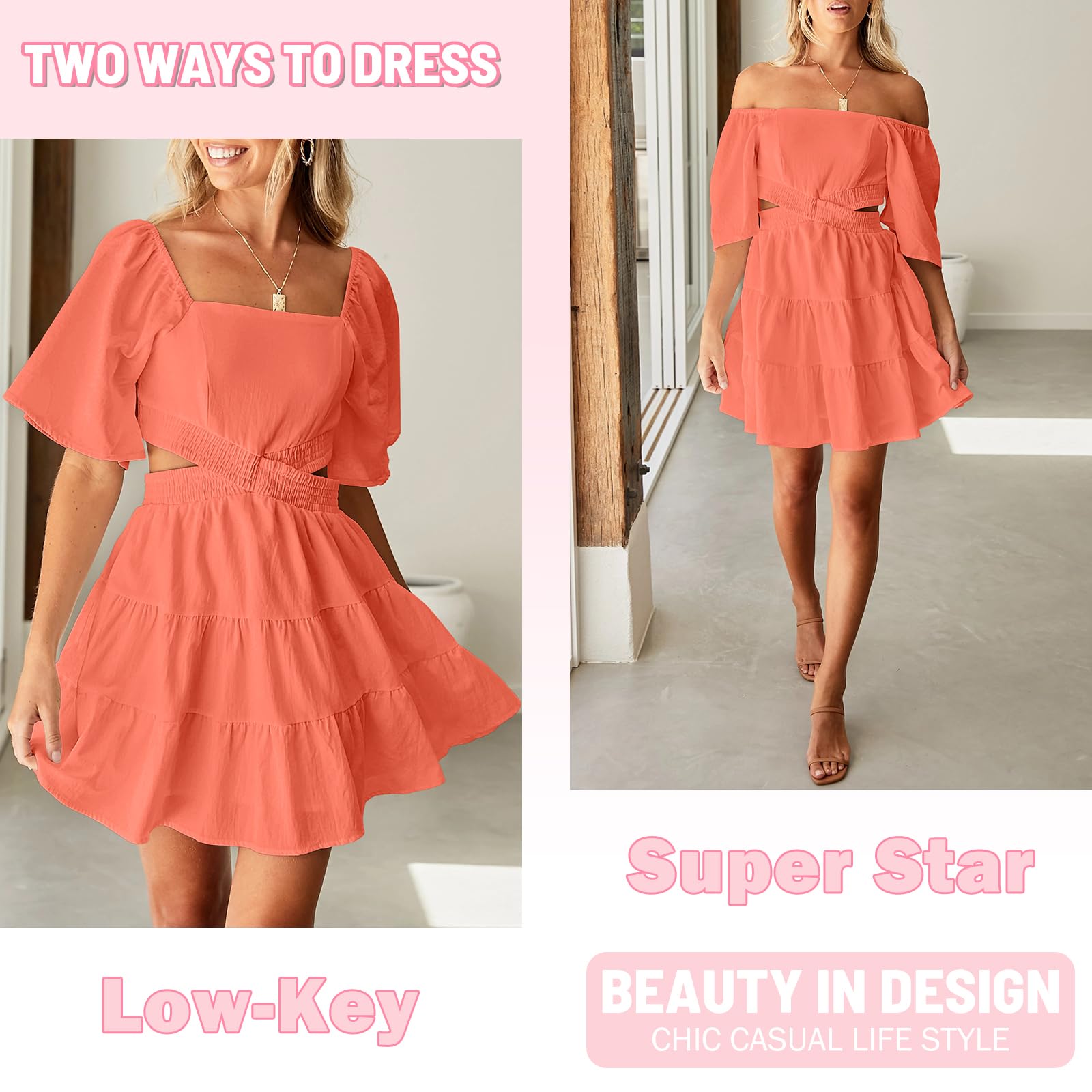 Senllen Womens Summer Dresses 2026 Short-Sleeve Square Neck Mini Dress Crossover Elastic Waist Casual Party Tiered Dress