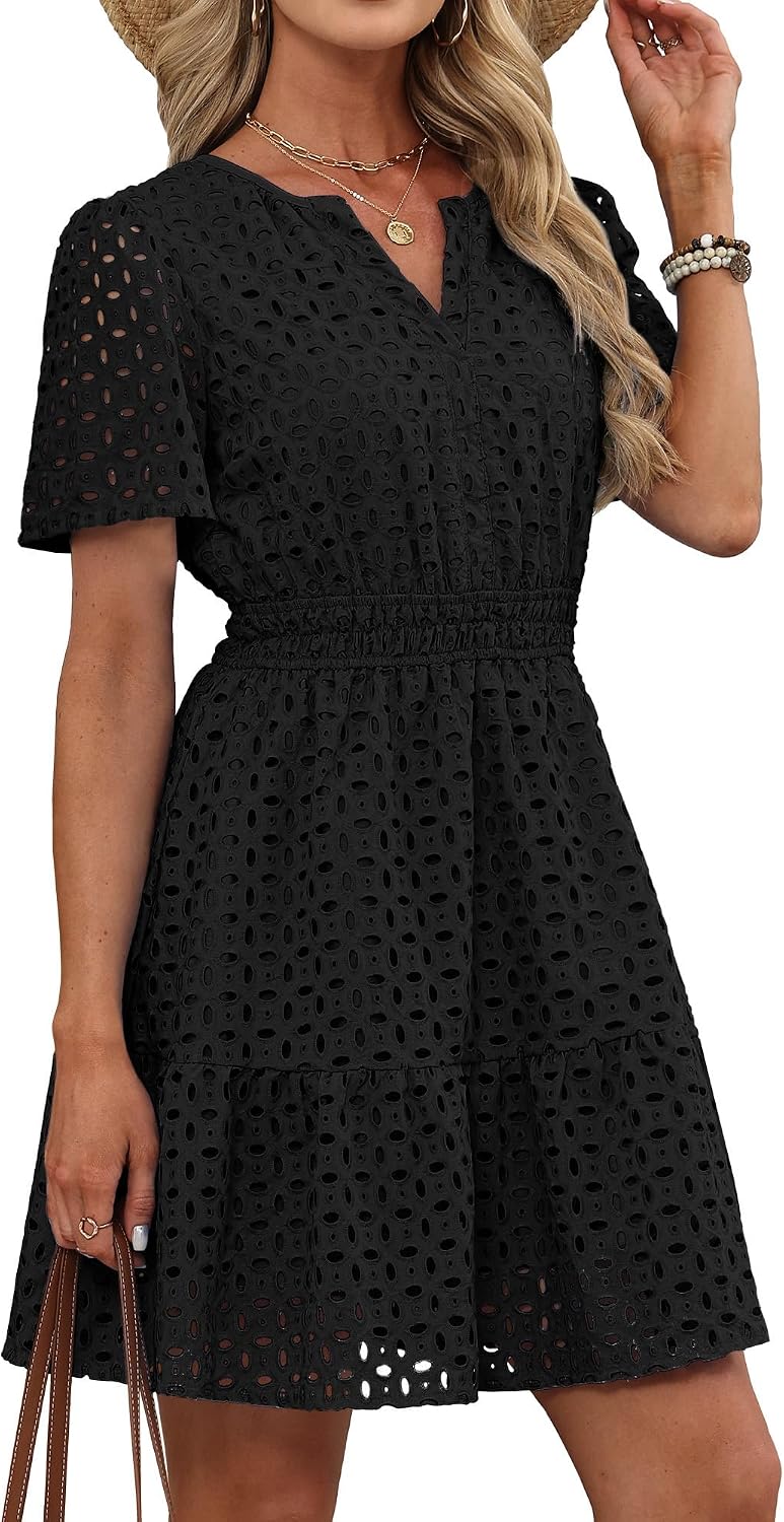 RUMIA Womens Dresses 2026 Summer V Neck Eyelet Lace A Line Short Dress
